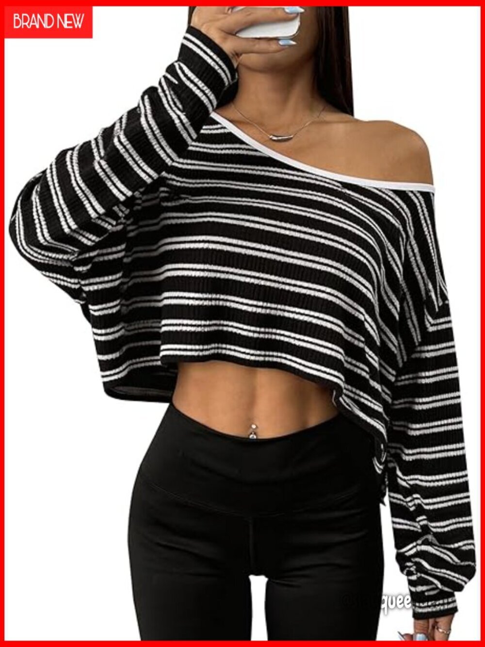 Striped Off Shoulder Crop Top Long Sleeve Loose Fit Knit Streetwear